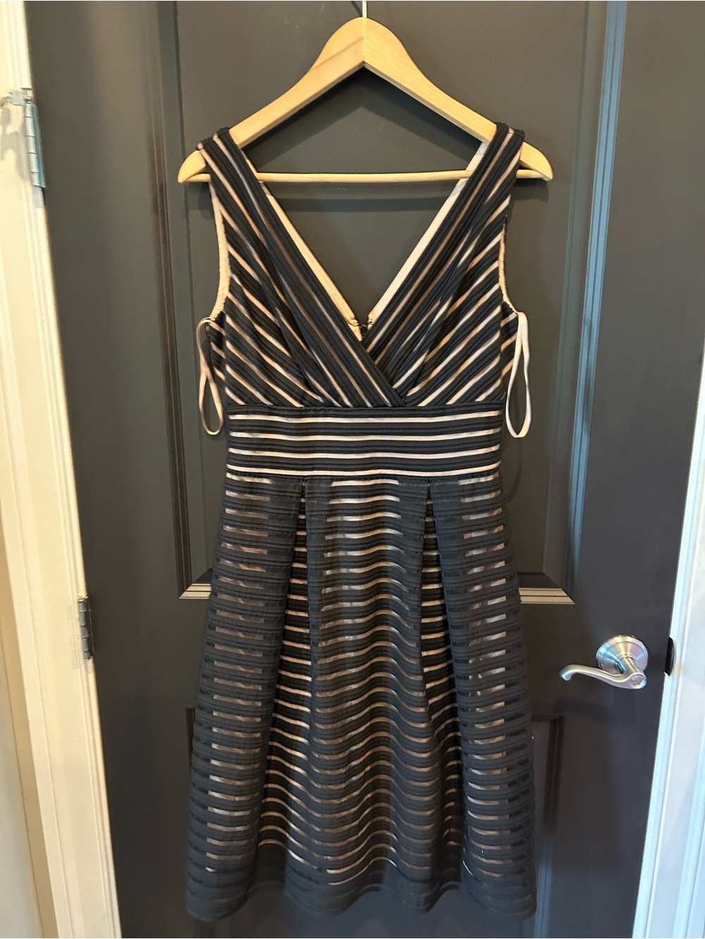 White House Black Market Black and Nude Striped Midi Fit-and-Flare Dress